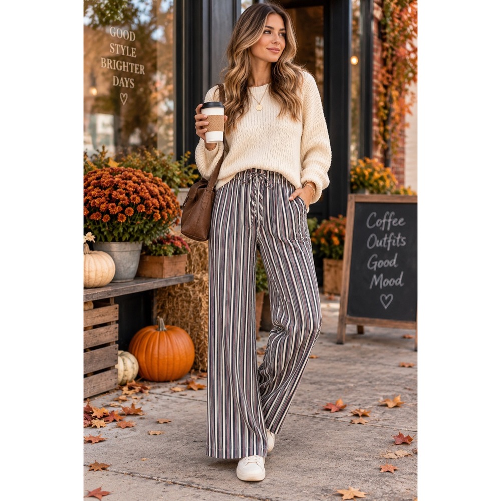 Cloth & Stone Womens L Striped Wide Leg Pants Resort Boho Coastal Pull On